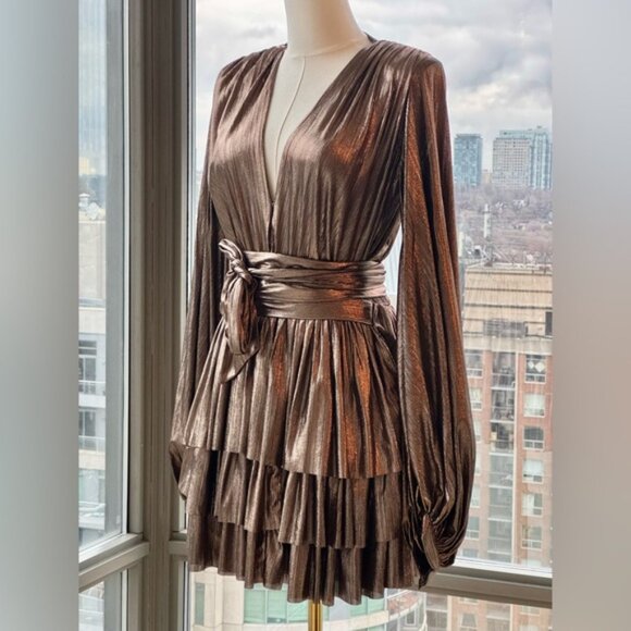 🆕 BRONX & BANCO 🧿 NWOT Bellerose Ruffled Mini Dress, Metallic Gold Sz S / US 4 - Picture 11 of 16